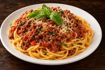 Prato de almoço: macarrão à bolonhesa
