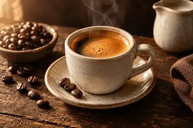 Xícara de café com grãos sobre a mesa