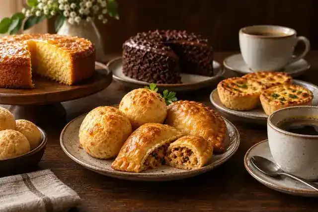 Mesa de café com bolos e salgados para evento